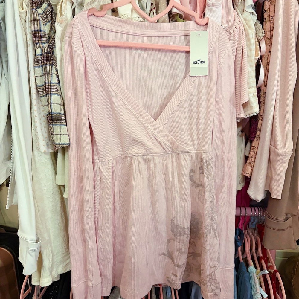 Hollister Pink Y2K Floral Babydoll V Neck Long Sleeve T Shirt Sz XS
